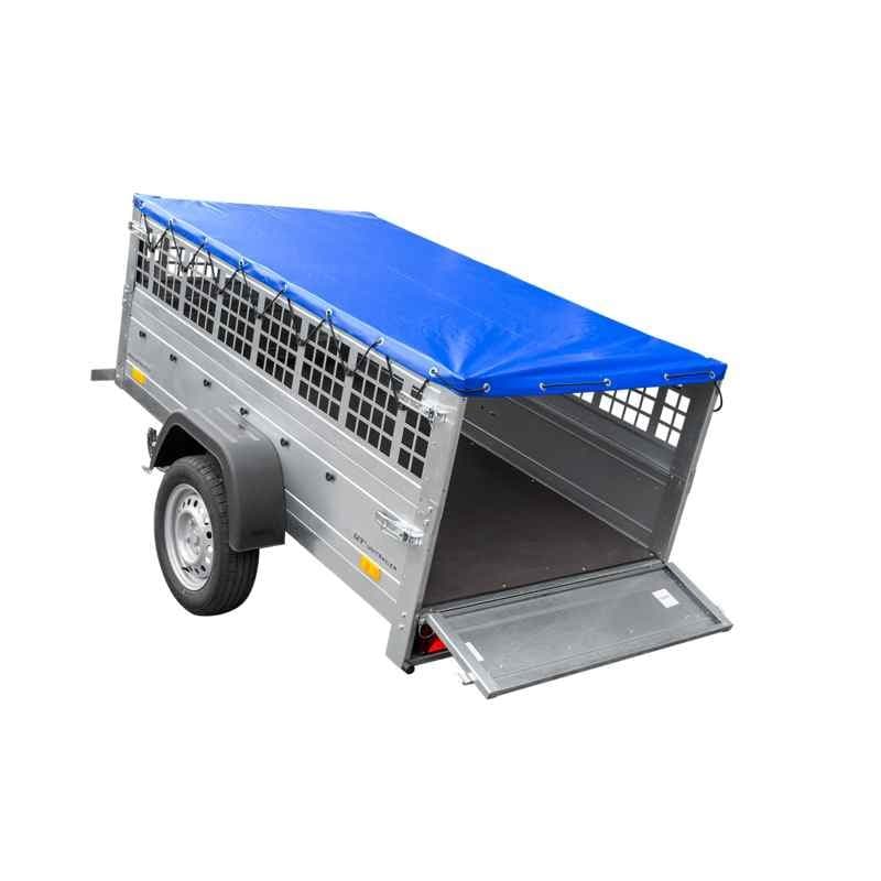 Remorque grillagée Garden Trailer 200 KIPP avec bâche plate grise, tiges de support bâche, ridelles grillagées et roue jockey