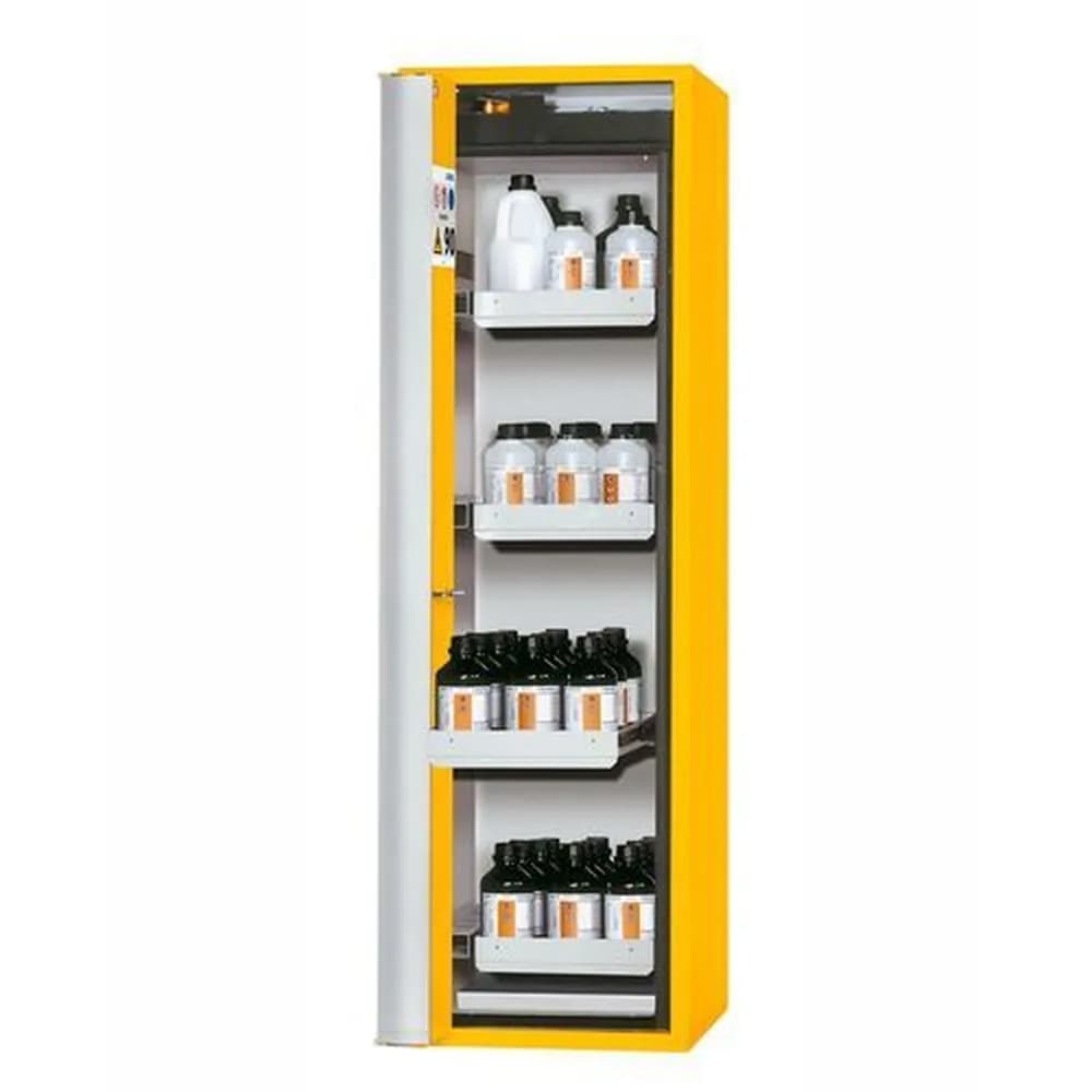 asecos® - asecos Feuerbeständiger Gefahrstoffschrank "one touch", 4 Auszugswannen, Türanschlag links, gelb