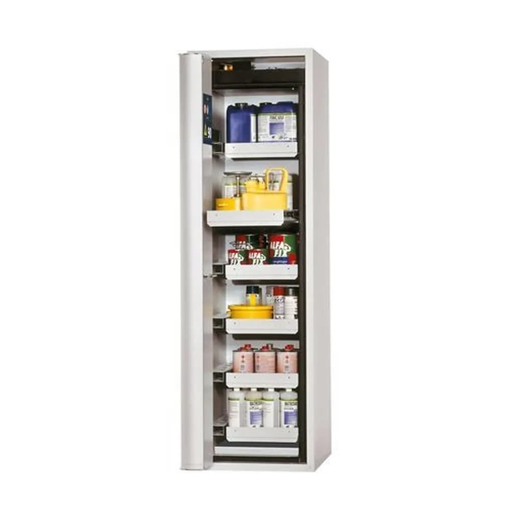asecos® - asecos Feuerbeständiger Gefahrstoffschrank, 6 Auszugswannen, Türanschlag links, grau, Tiefe 749 mm