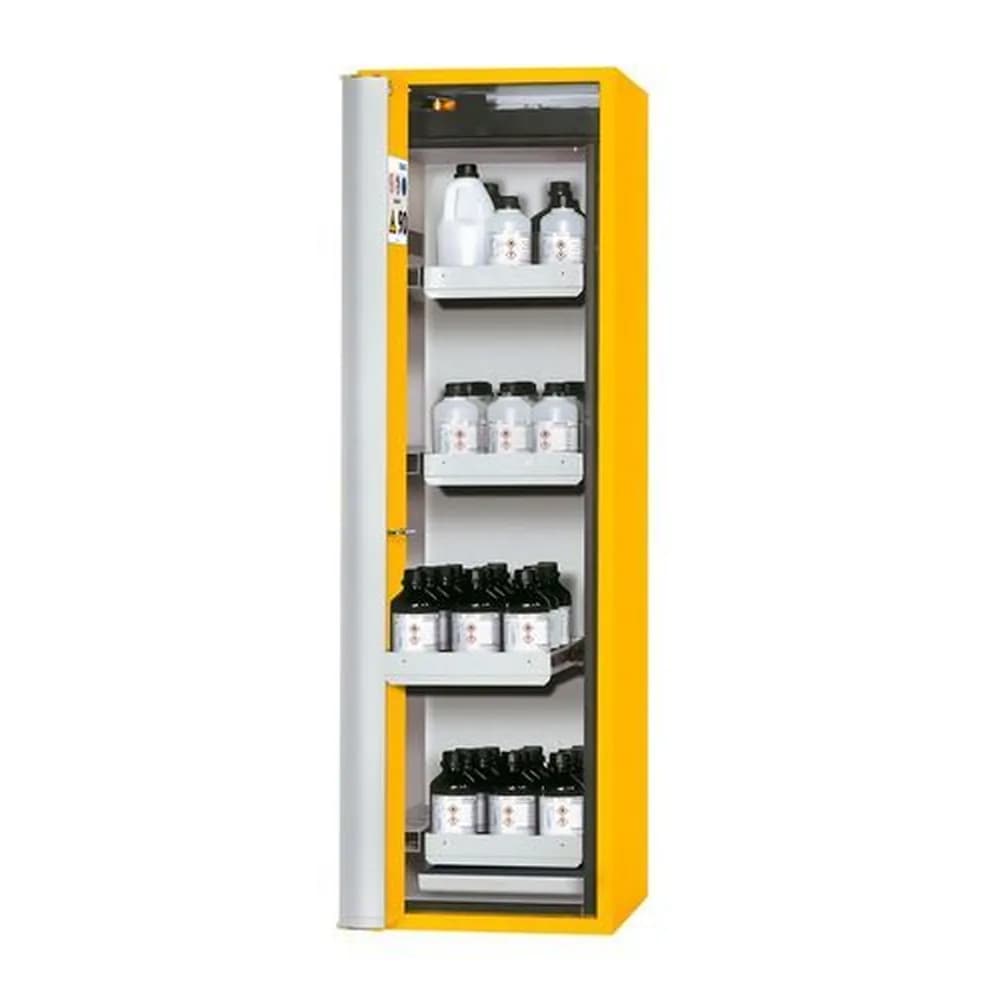asecos® - asecos Feuerbeständiger Gefahrstoffschrank, 4 Auszugswannen, Türanschlag links, gelb, Tiefe 749 mm