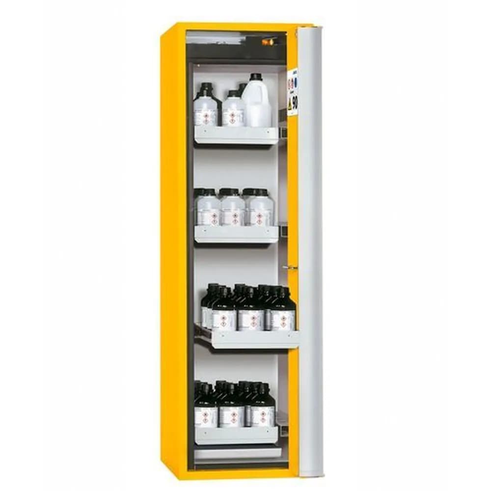asecos® - asecos Feuerbeständiger Gefahrstoffschrank, 4 Auszugswannen, Türanschlag rechts, gelb, Tiefe 749 mm