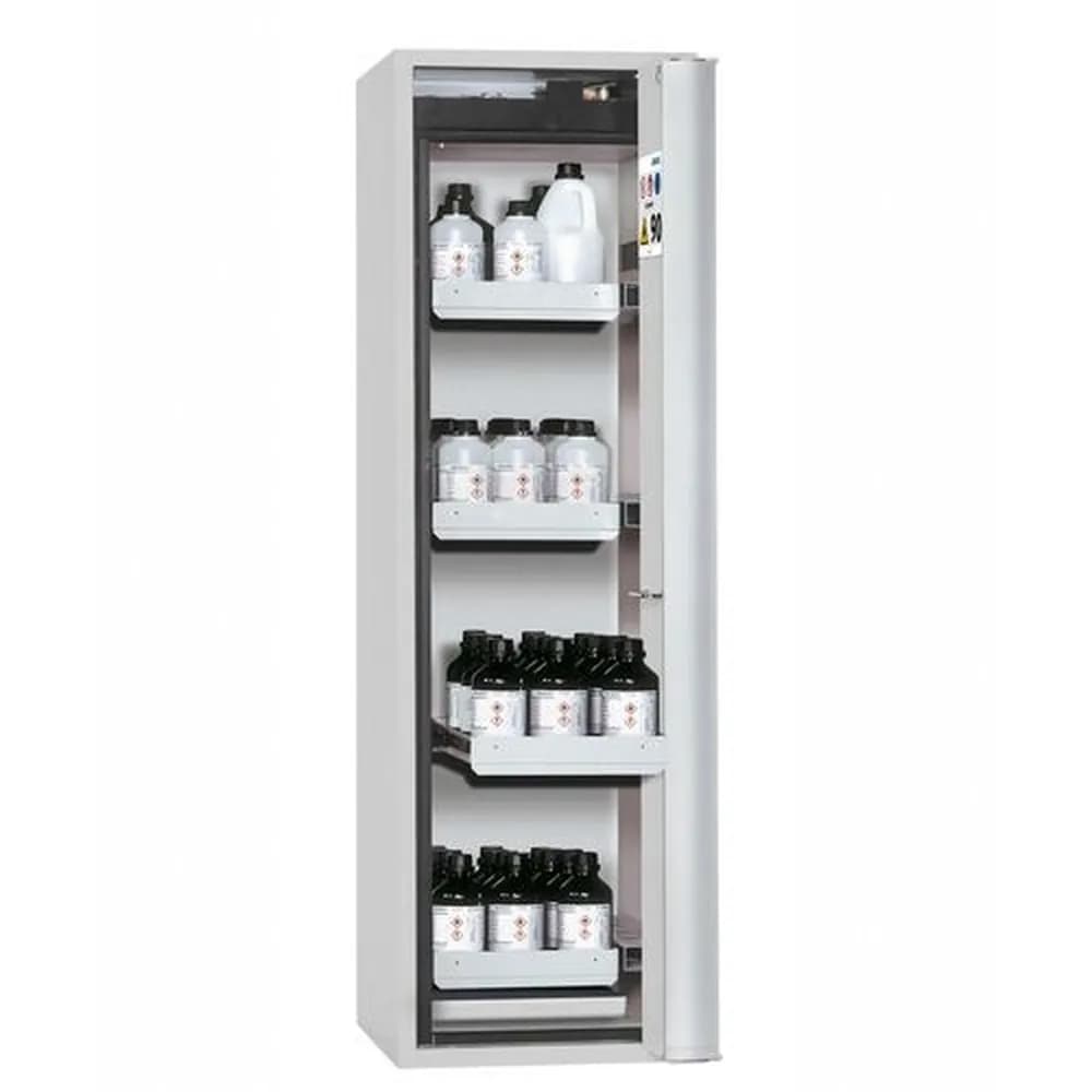 asecos® - asecos Feuerbeständiger Gefahrstoffschrank, 4 Auszugswannen, Türanschlag rechts, grau, Tiefe 749 mm