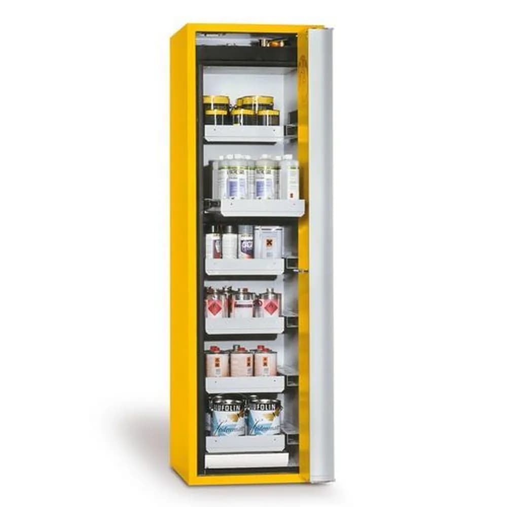 asecos® - asecos Feuerbeständiger Gefahrstoffschrank, 6 Auszugswannen, Türanschlag rechts, gelb, Tiefe 749 mm