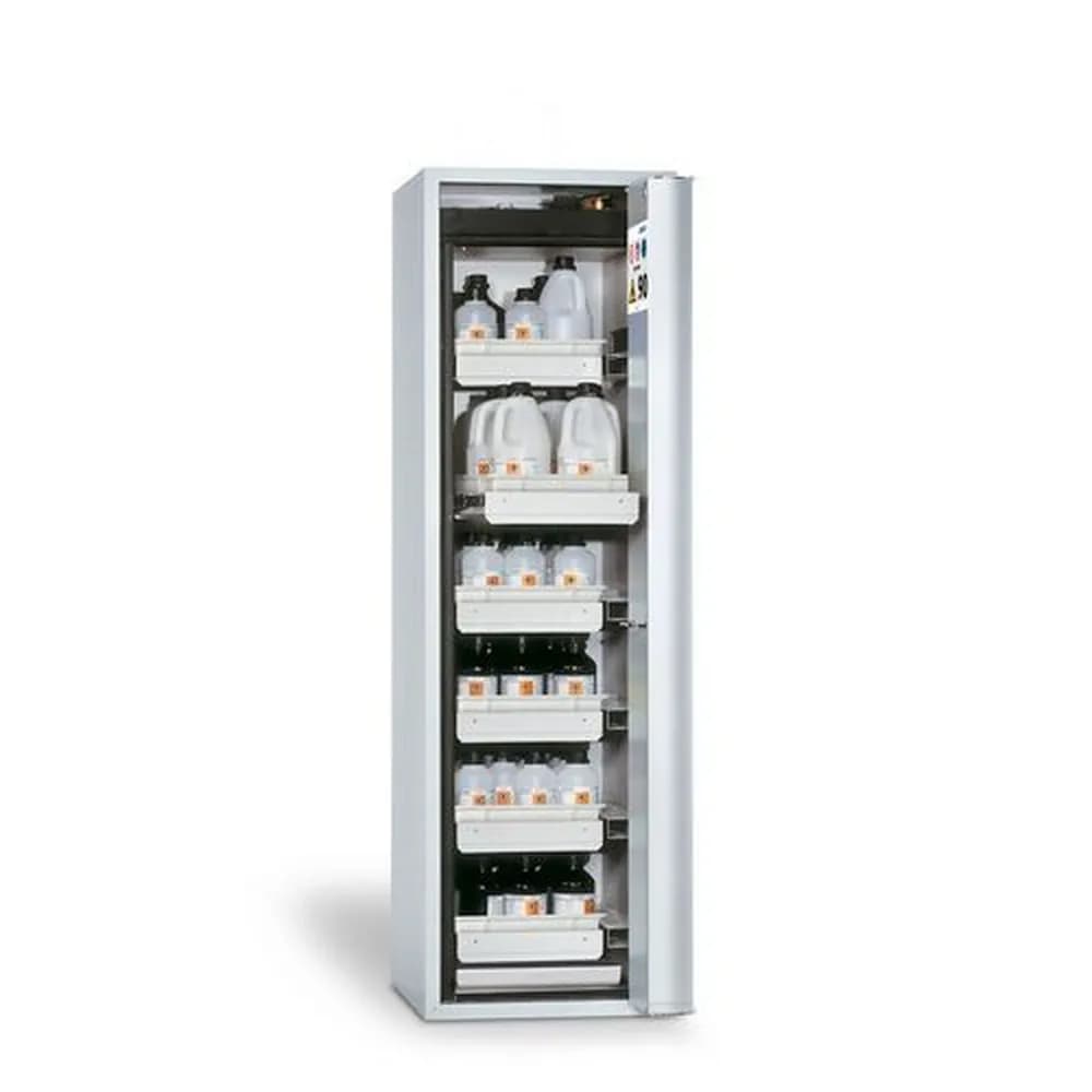 asecos® - asecos Feuerbeständiger Gefahrstoffschrank, 6 Auszugswannen, Türanschlag rechts, grau, Tiefe 749 mm