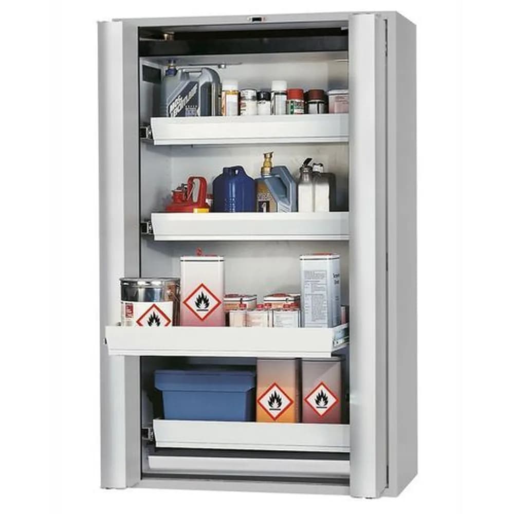 asecos® - Feuerbeständiger Gefahrstoffschrank GF 1201.4 "one touch", 4 Auszugswannen, grau