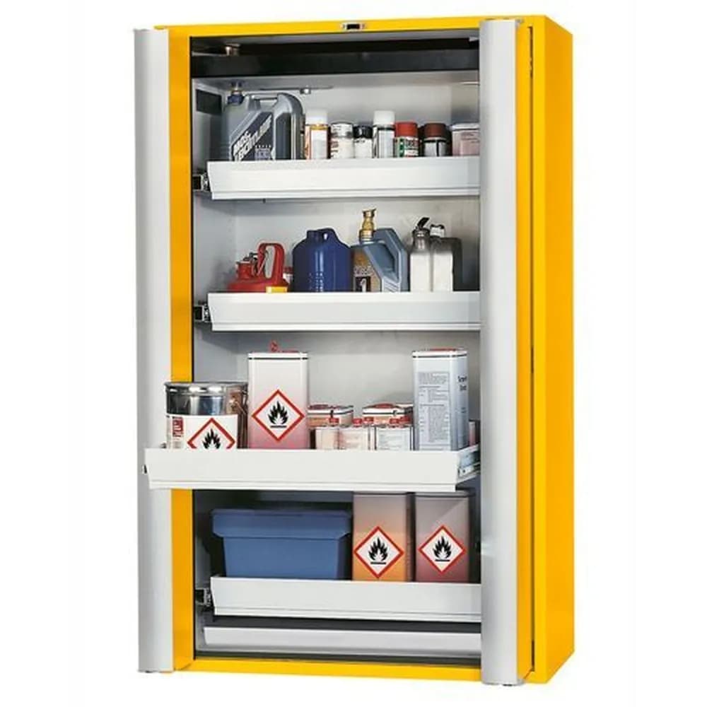 asecos® - Feuerbeständiger Gefahrstoffschrank GF 1201.4 "one touch", 4 Auszugswannen, gelb
