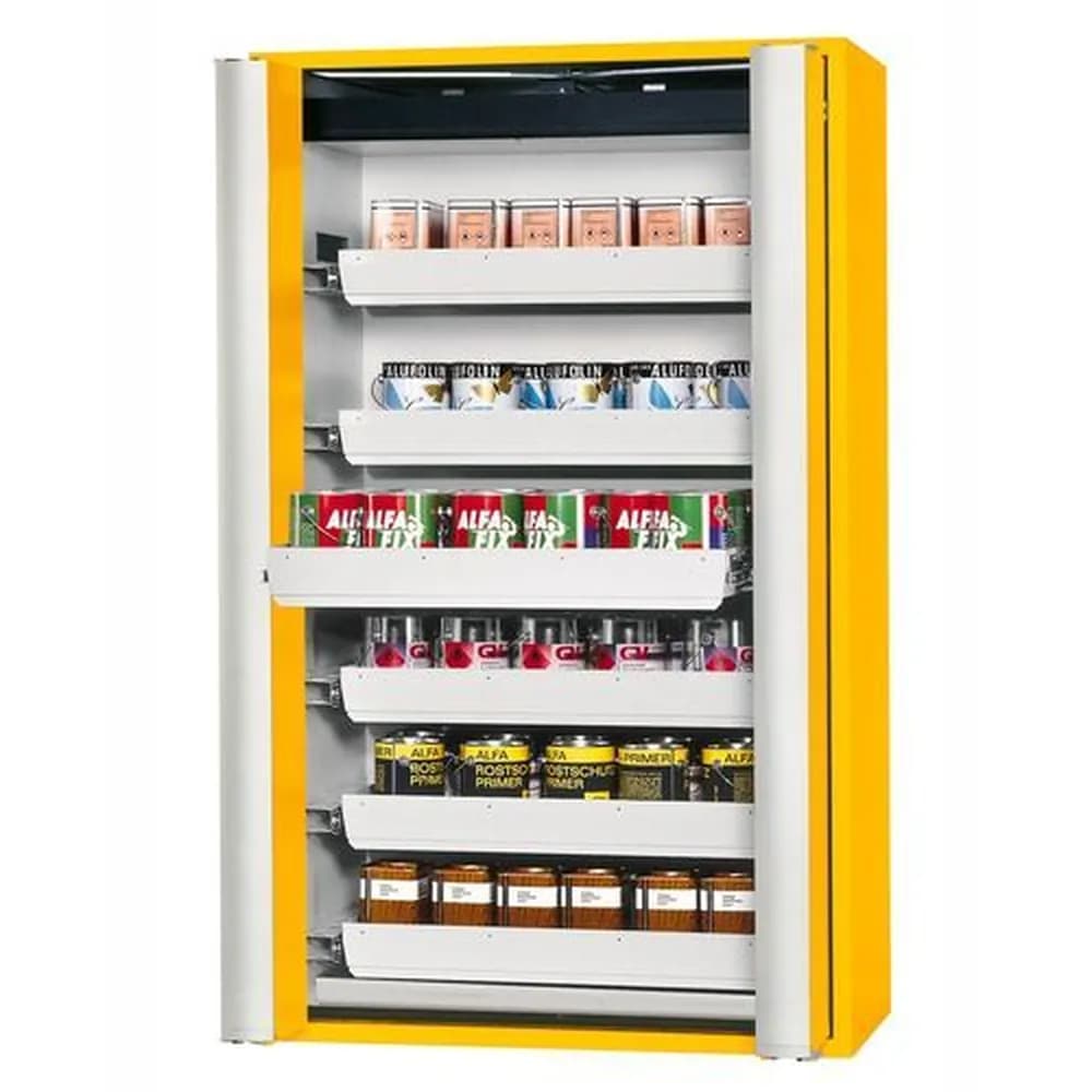asecos® - Feuerbeständiger Gefahrstoffschrank GF 1201.6 "one touch", 6 Auszugswannen, gelb