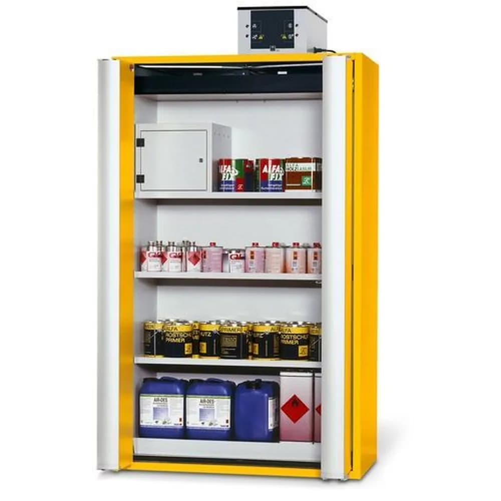 asecos® - Feuerbeständiger Gefahrstoffschrank GF 1201 "one touch", 3 Einlegeböden, gelb