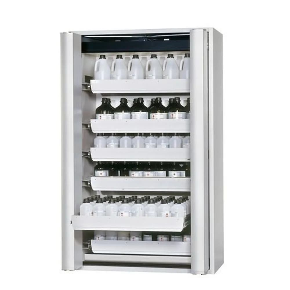 asecos® - Feuerbeständiger Gefahrstoffschrank GF 1201.6 "one touch", 6 Auszugswannen, grau
