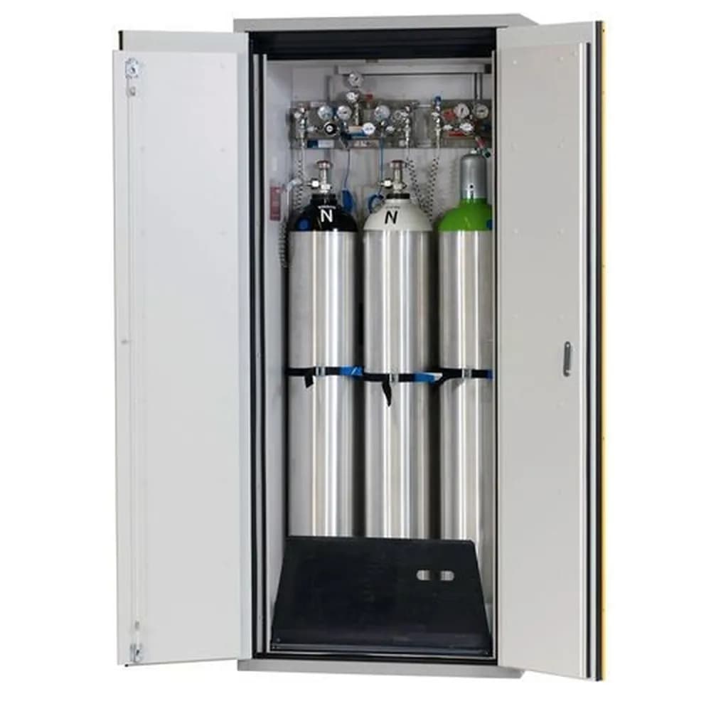 asecos® - asecos Gasflaschenschrank feuerbeständig G90, 3 x 50 l Flaschen, B 900 mm, 2-flügelige Tür,grau/gelb