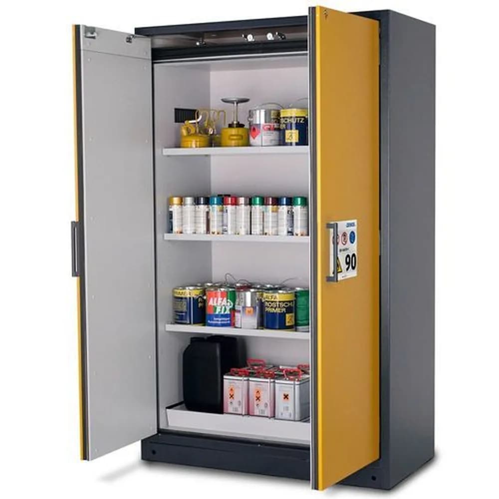 asecos® - Feuerbeständiger Gefahrstoffschrank Select FM W-123, 3 Einlegeböden, Türen gelb