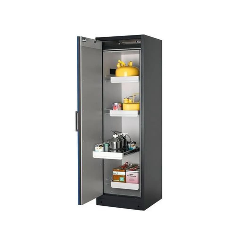 asecos® - asecos Feuerbeständiger Gefahrstoffschrank Select W-64L, 4 Auszugswannen, Tür blau (links)