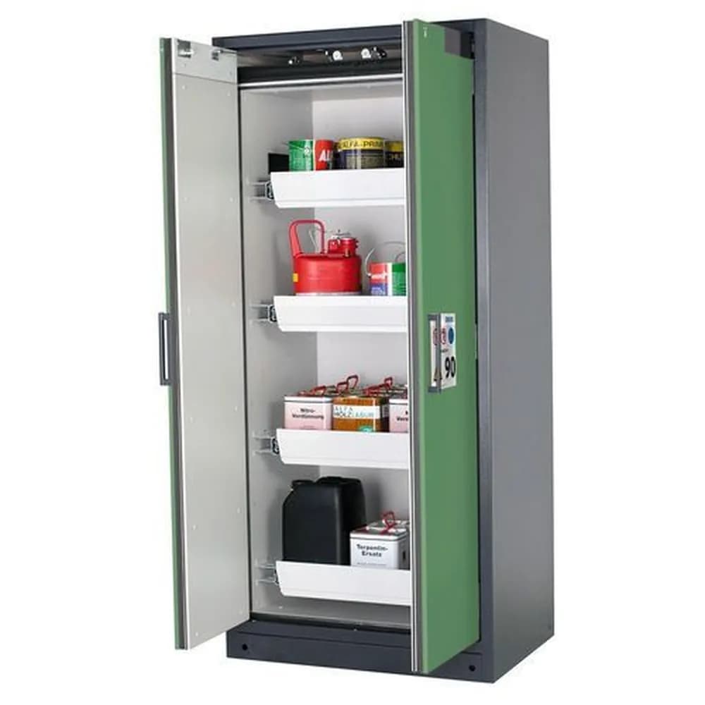 asecos® - asecos Feuerbeständiger Gefahrstoffschrank Select W-94-O "one touch", 4 Auszugswannen, Türen grün