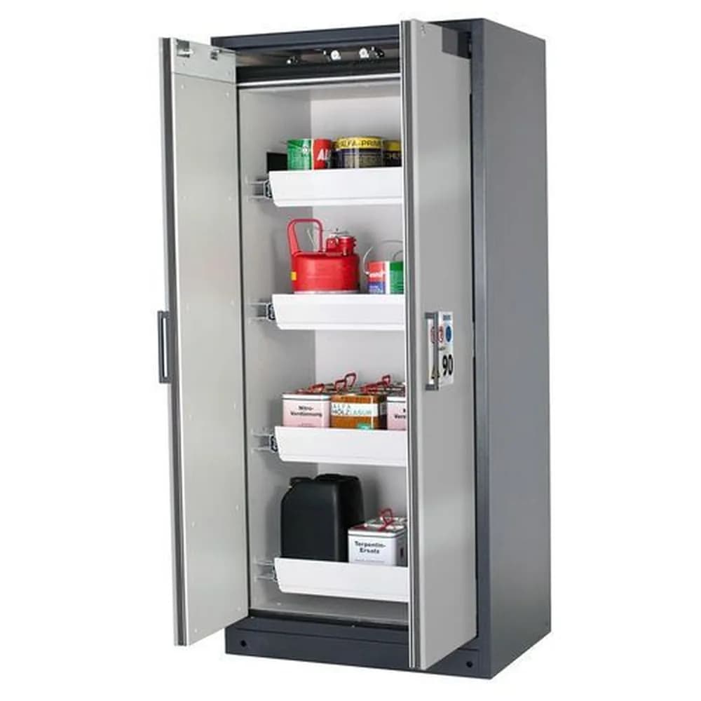 asecos® - asecos Feuerbeständiger Gefahrstoffschrank Select W-94-O "one touch", 4 Auszugswannen, Türen silber