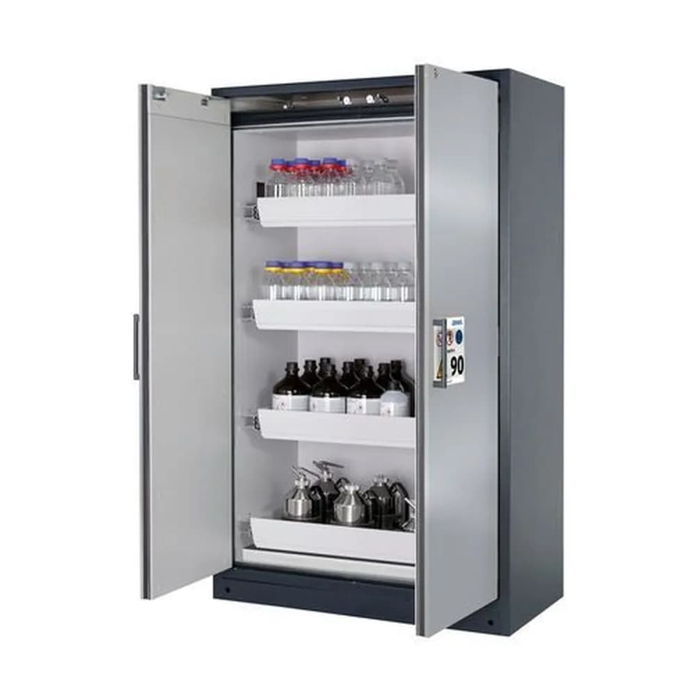 asecos® - Feuerbeständiger Gefahrstoffschrank Select W-124, 4 Auszugswannen, Türen silber