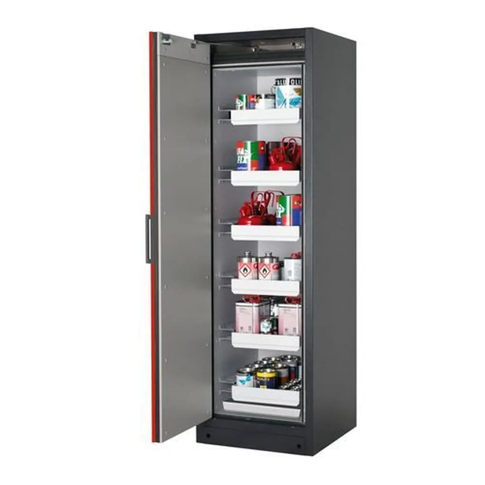 asecos® - asecos Feuerbeständiger Gefahrstoffschrank Select W-66L, 6 Auszugswannen, Tür rot (links)