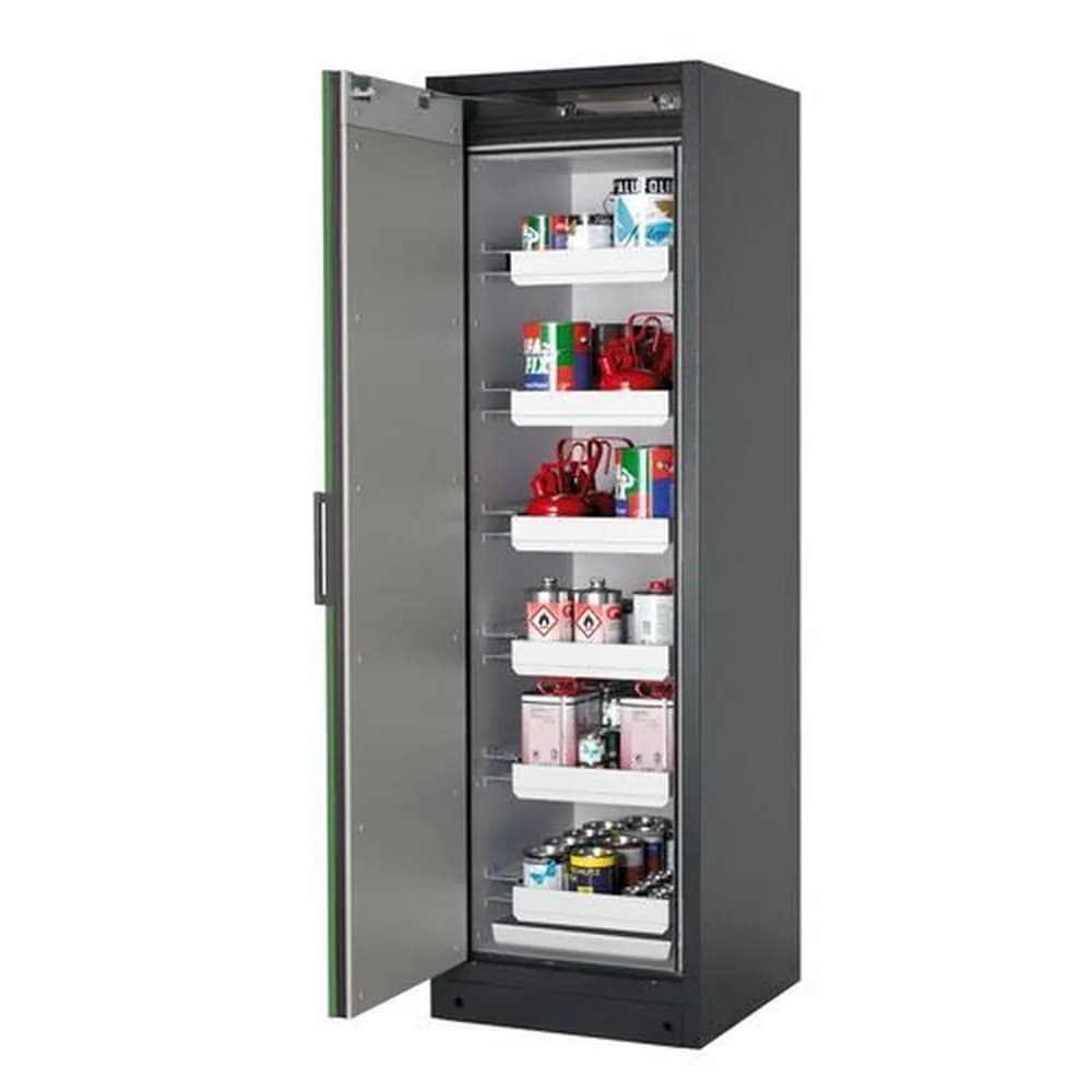 asecos® - asecos Feuerbeständiger Gefahrstoffschrank Select W-66L, 6 Auszugswannen, Tür grün (links)