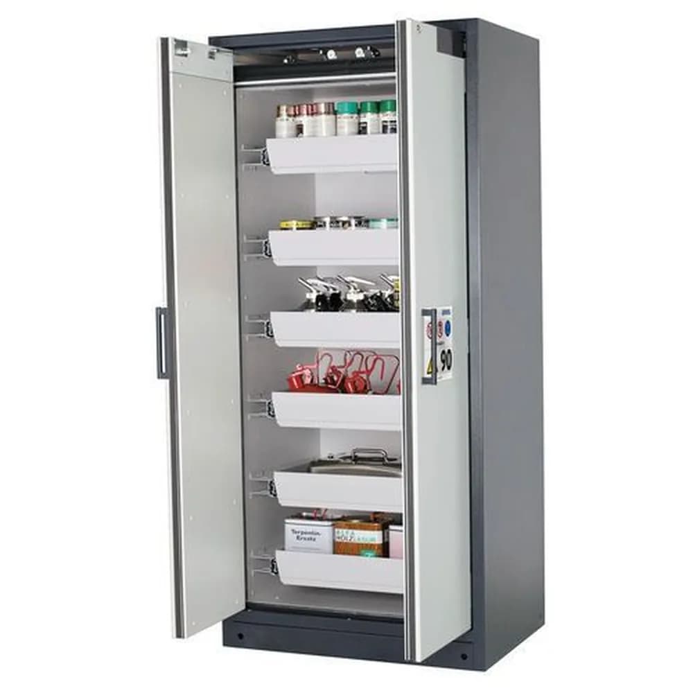 asecos® - asecos Feuerbeständiger Gefahrstoffschrank Select W-96-O "one touch", 6 Auszugswannen, Türen grau