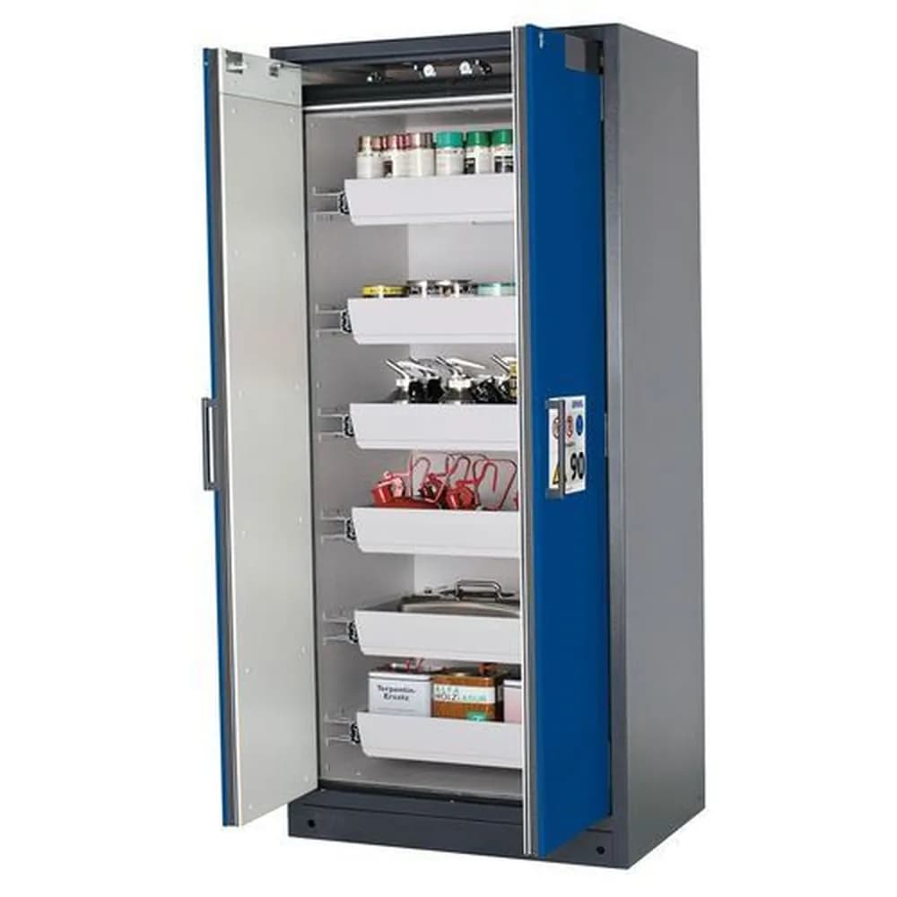 asecos® - asecos Feuerbeständiger Gefahrstoffschrank Select W-96-O "one touch", 6 Auszugswannen, Türen blau