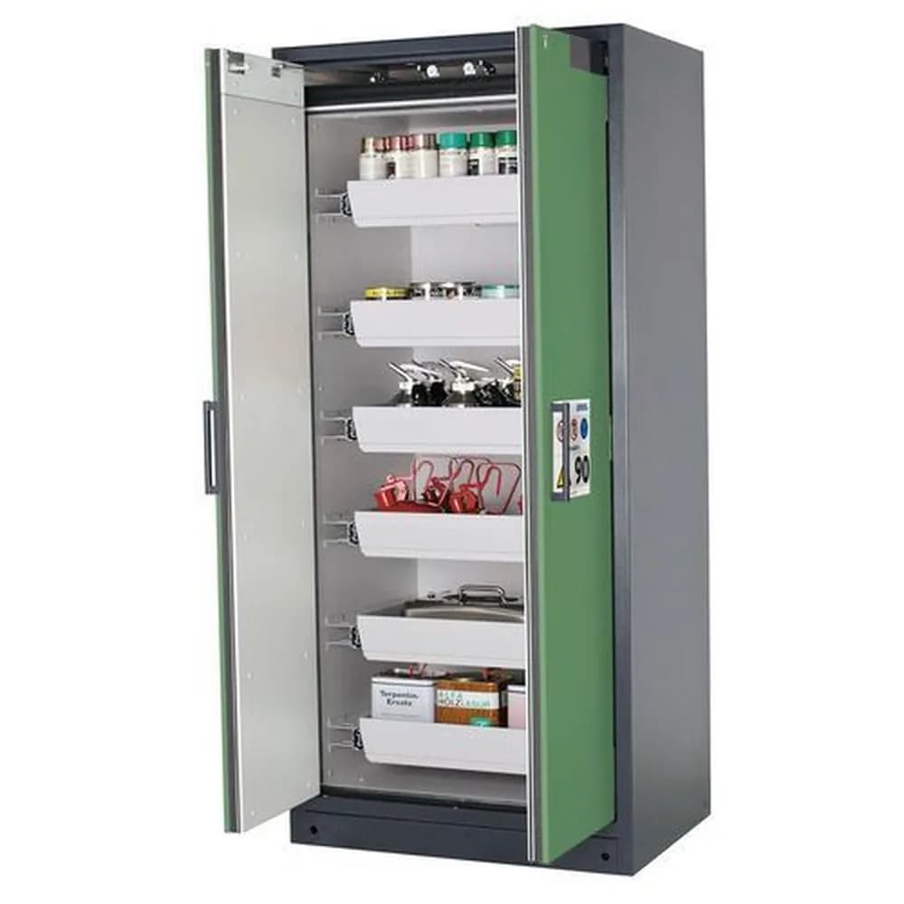 asecos® - Feuerbeständiger Gefahrstoffschrank Select W-96, 6 Auszugswannen, Türen grün
