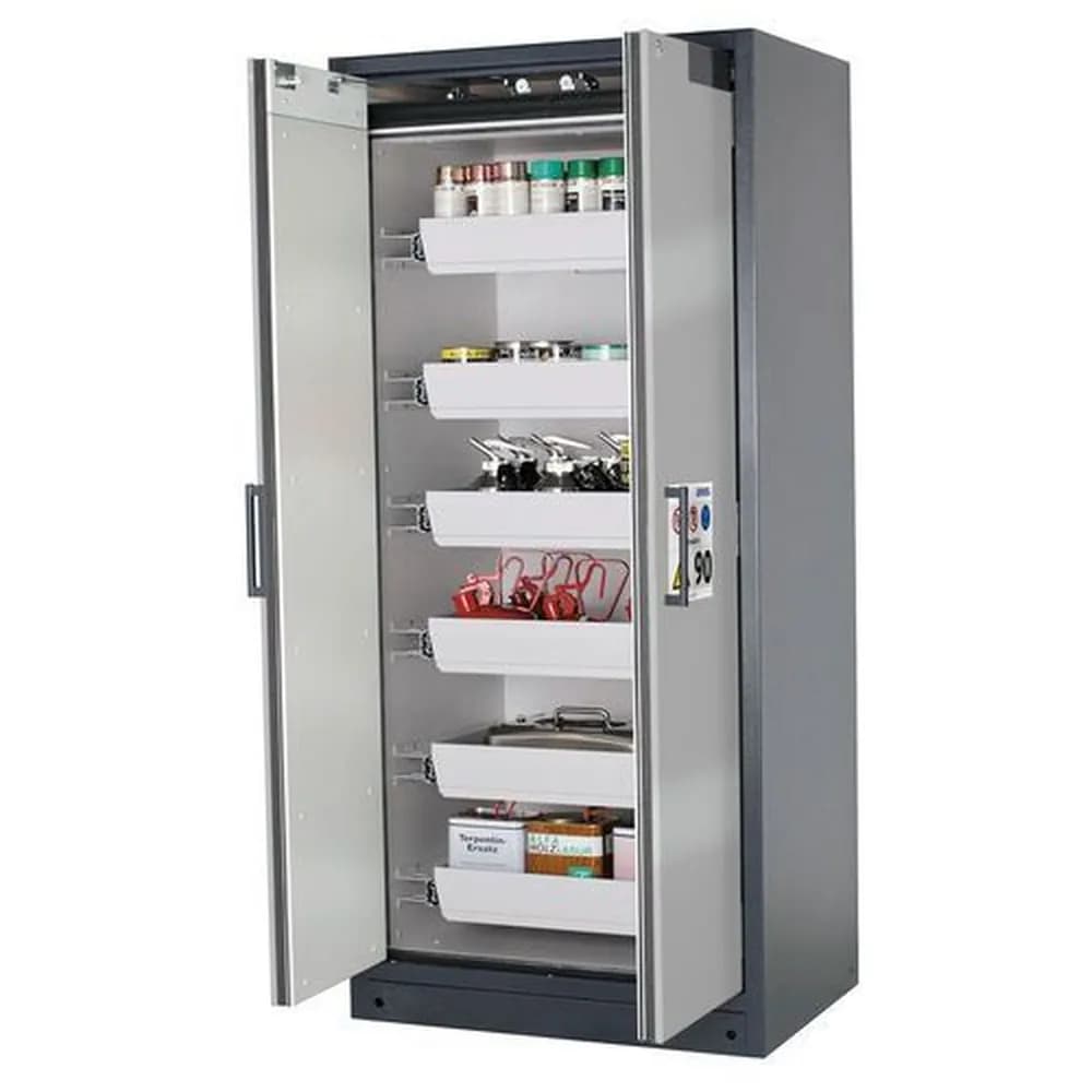 asecos® - Feuerbeständiger Gefahrstoffschrank Select W-96, 6 Auszugswannen, Türen silber