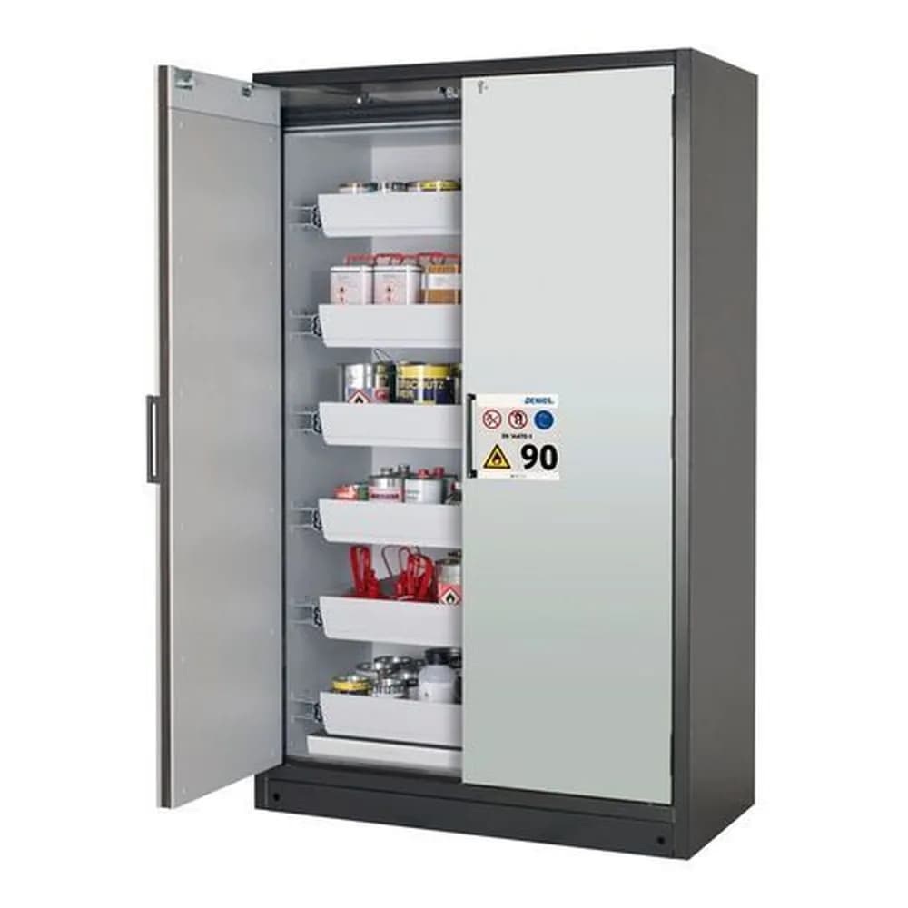 asecos® - asecos Feuerbeständiger Gefahrstoffschrank Select W-126-O "one touch", 6 Auszugswannen, Türen grün