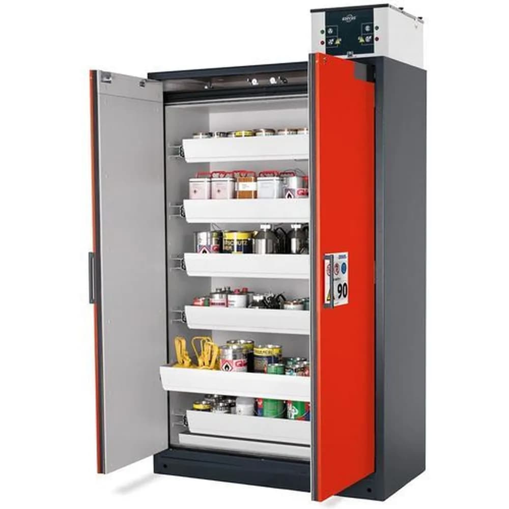 asecos® - asecos Feuerbeständiger Gefahrstoffschrank Select W-126-O "one touch", 6 Auszugswannen, Türen rot