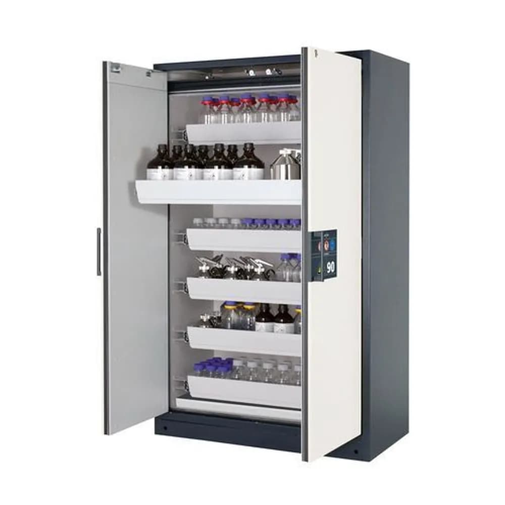 asecos® - Feuerbeständiger Gefahrstoffschrank Select W-126, 6 Auszugswannen, Türen weiß