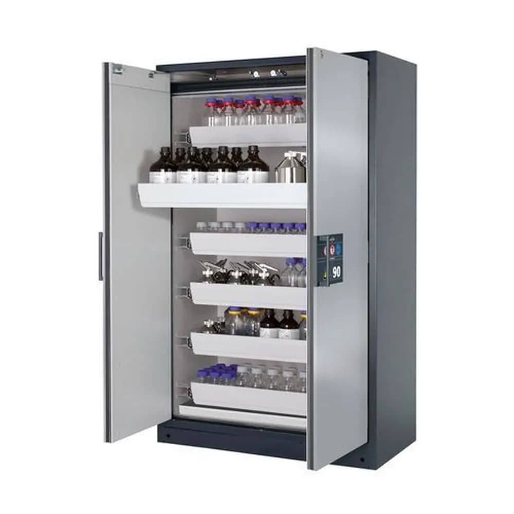 asecos® - Feuerbeständiger Gefahrstoffschrank Select W-126, 6 Auszugswannen, Türen silber