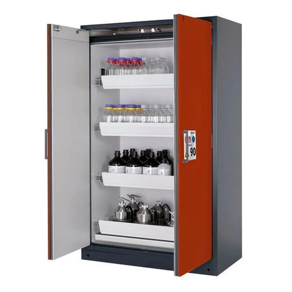 asecos® - asecos Feuerbeständiger Gefahrstoffschrank Select W-124-O "one touch", 4 Auszugswannen, Türen rot
