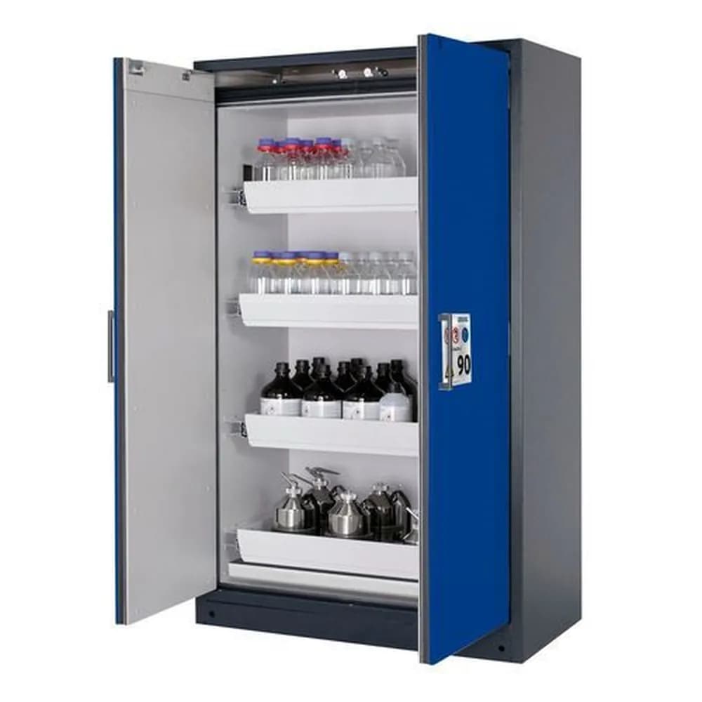 asecos® - asecos Feuerbeständiger Gefahrstoffschrank Select W-124-O "one touch", 4 Auszugswannen, Türen blau