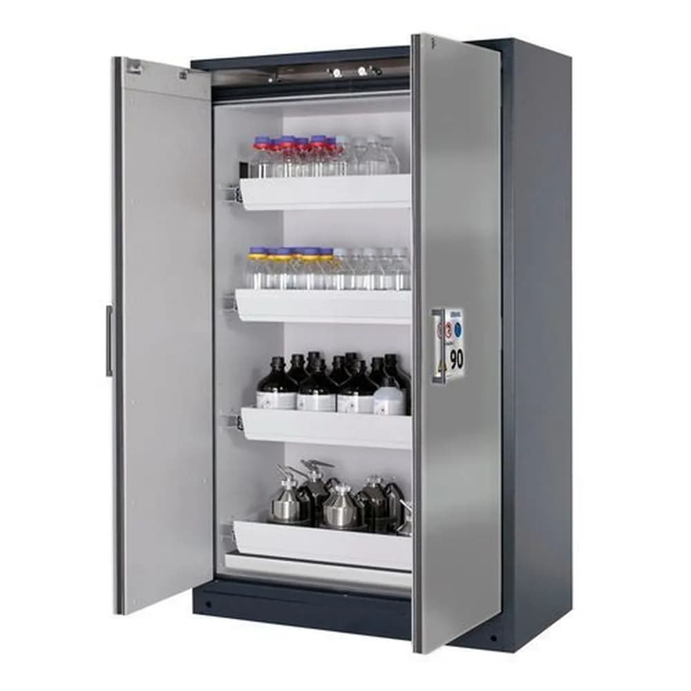 asecos® - asecos Feuerbeständiger Gefahrstoffschrank Select W-124-O "one touch", 4 Auszugswannen, Türen silber