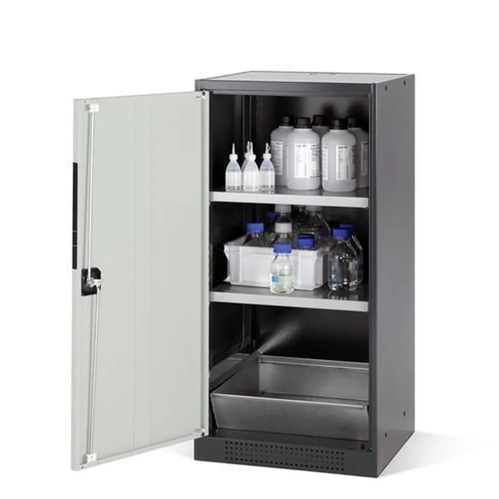 asecos® - Chemikalienschrank Systema CS-52L, Korpus anthrazit, Flügeltüren grau, 2 Einlegeböden u. Bodenwanne