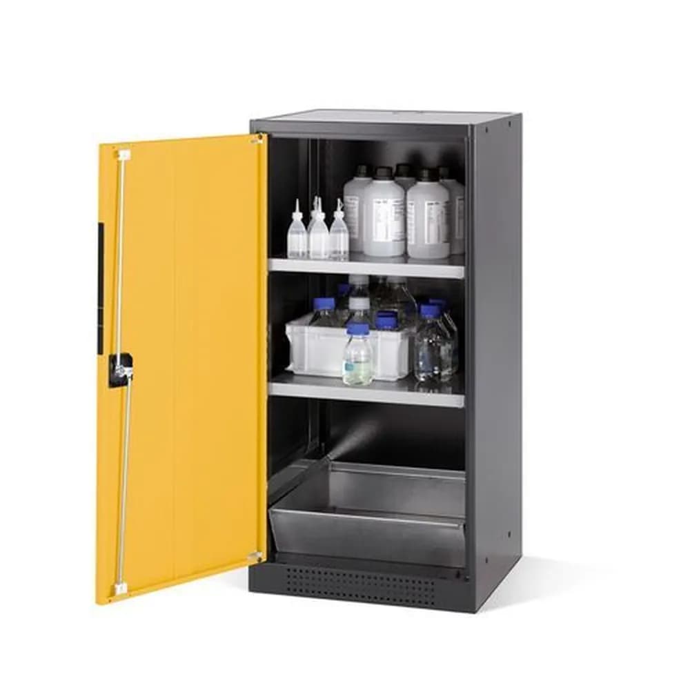 asecos® - Chemikalienschrank Systema CS-52L, Korpus anthrazit, Flügeltüren gelb, 2 Einlegeböden u. Bodenwanne