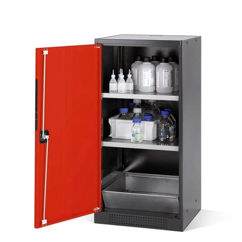 asecos® - Chemikalienschrank Systema CS-52L, Korpus anthrazit, Flügeltüren rot, 2 Einlegeböden u. Bodenwanne