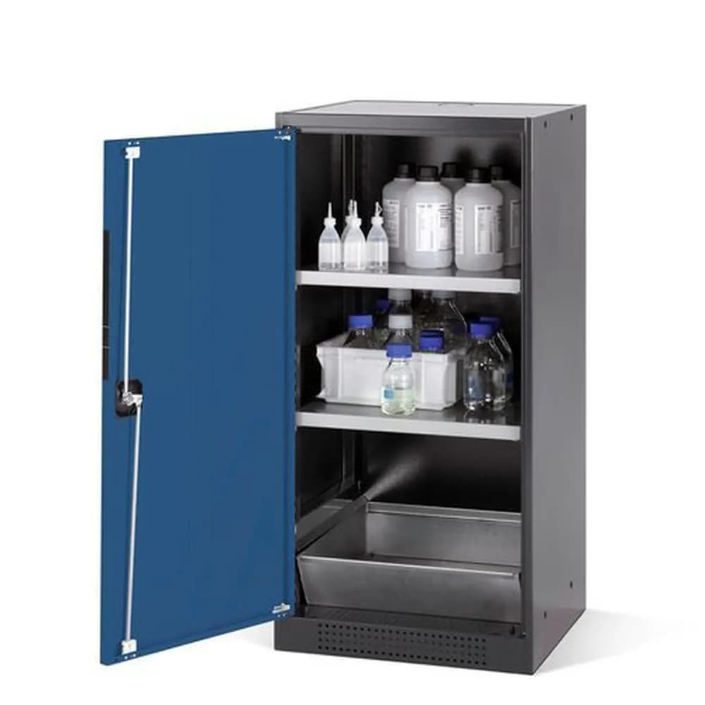 asecos® - asecos Chemikalienschrank Systema CS-52L, Korpus anthrazit, blau, 2 Einlegeböden und Bodenwanne