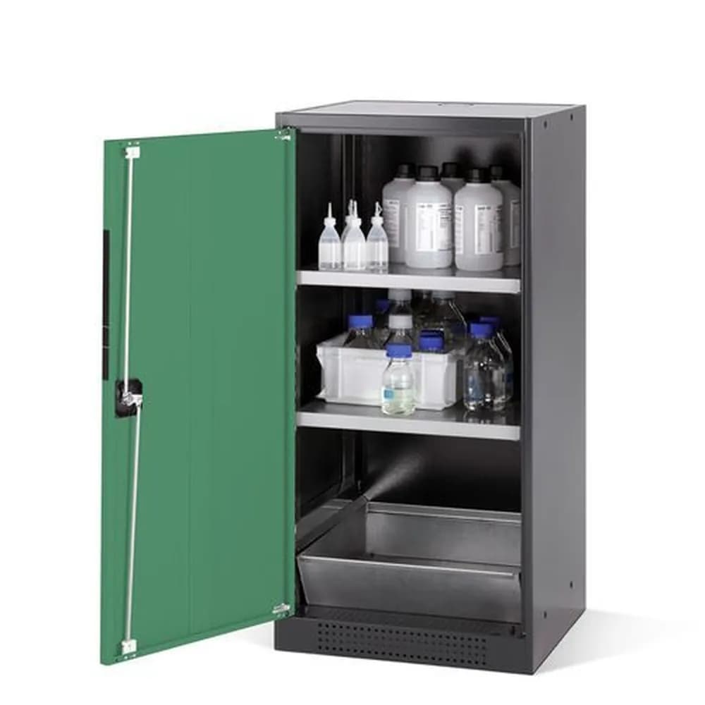 asecos® - asecos Chemikalienschrank Systema CS-52L, Korpus anthrazit, grün, 2 Einlegeböden und Bodenwanne
