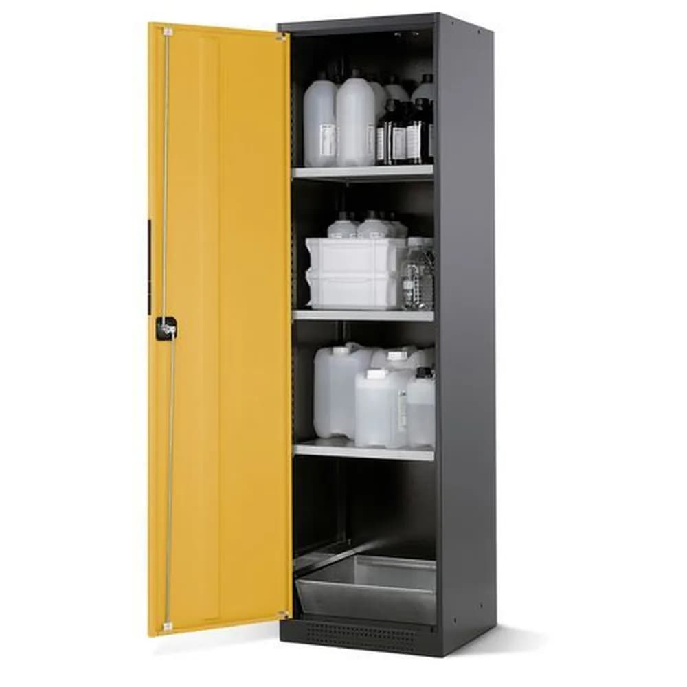asecos® - asecos Chemikalienschrank Systema CS-53L, Korpus anthrazit, gelb, 3 Einlegeböden und Bodenwanne