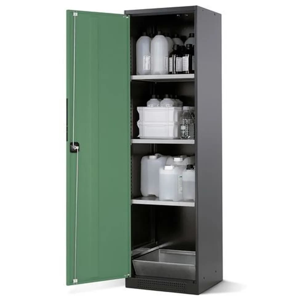 asecos® - asecos Chemikalienschrank Systema CS-53L, Korpus anthrazit, grün, 3 Einlegeböden und Bodenwanne