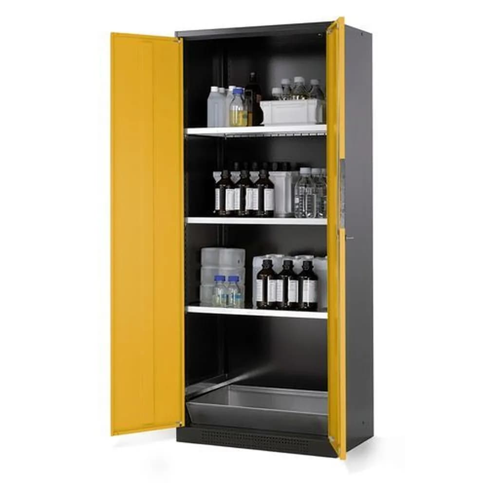 asecos® - asecos Chemikalienschrank Systema CS-83, Korpus anthrazit, gelb, 3 Einlegeböden und Bodenwanne