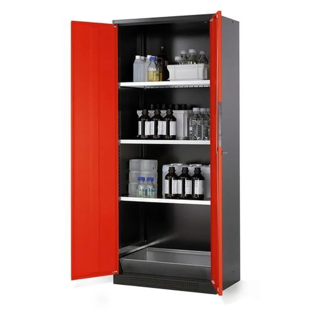 asecos® - asecos Chemikalienschrank Systema CS-83, Korpus anthrazit, rot, 3 Einlegeböden und Bodenwanne