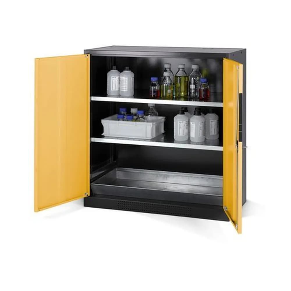 asecos® - asecos Chemikalienschrank Systema CS-102, Korpus anthrazit, gelb, 2 Einlegeböden und Bodenwanne