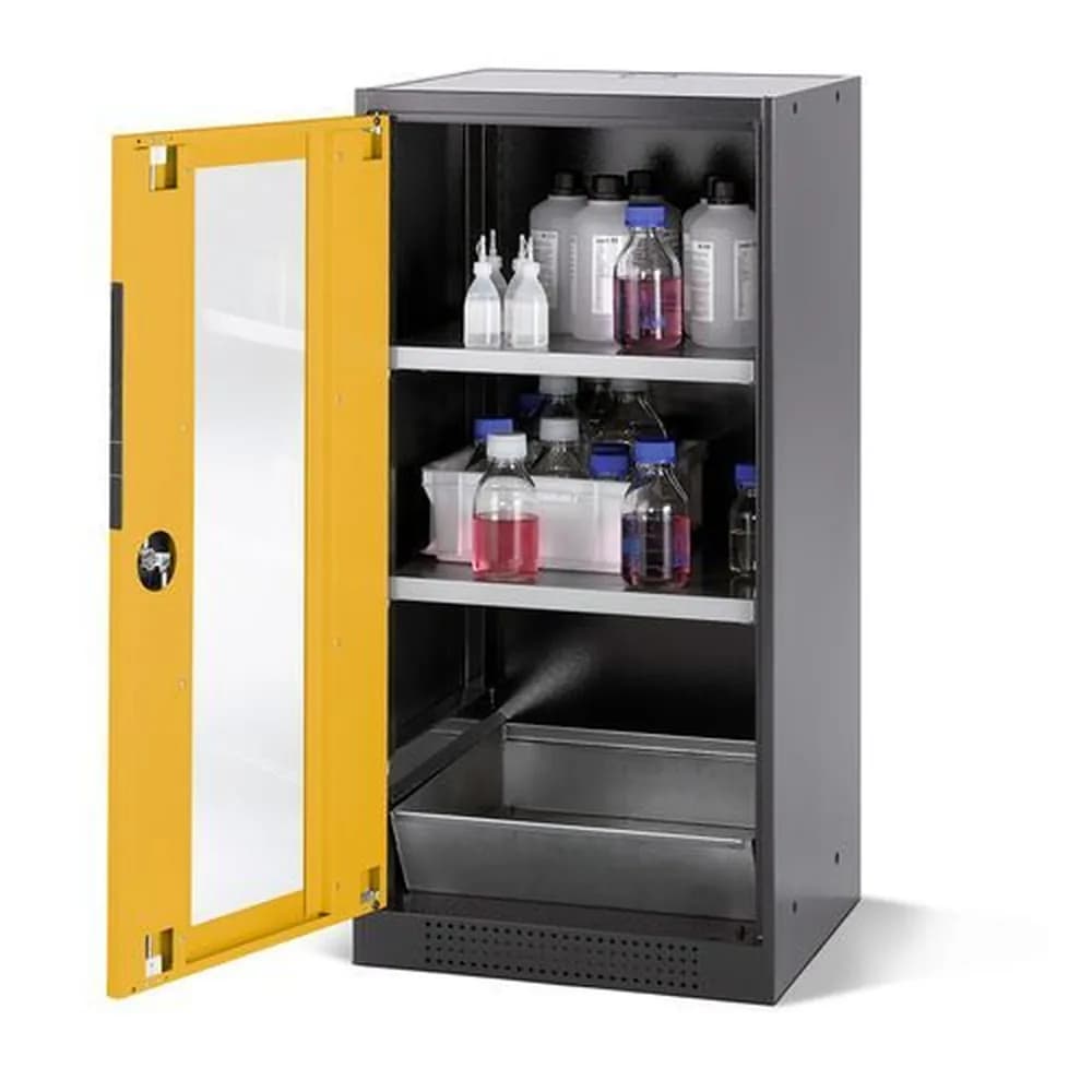 asecos® - asecos Chemikalienschrank Systema CS-52LG, Korpus anthrazit, gelb, 2 Einlegeböden und Bodenwanne