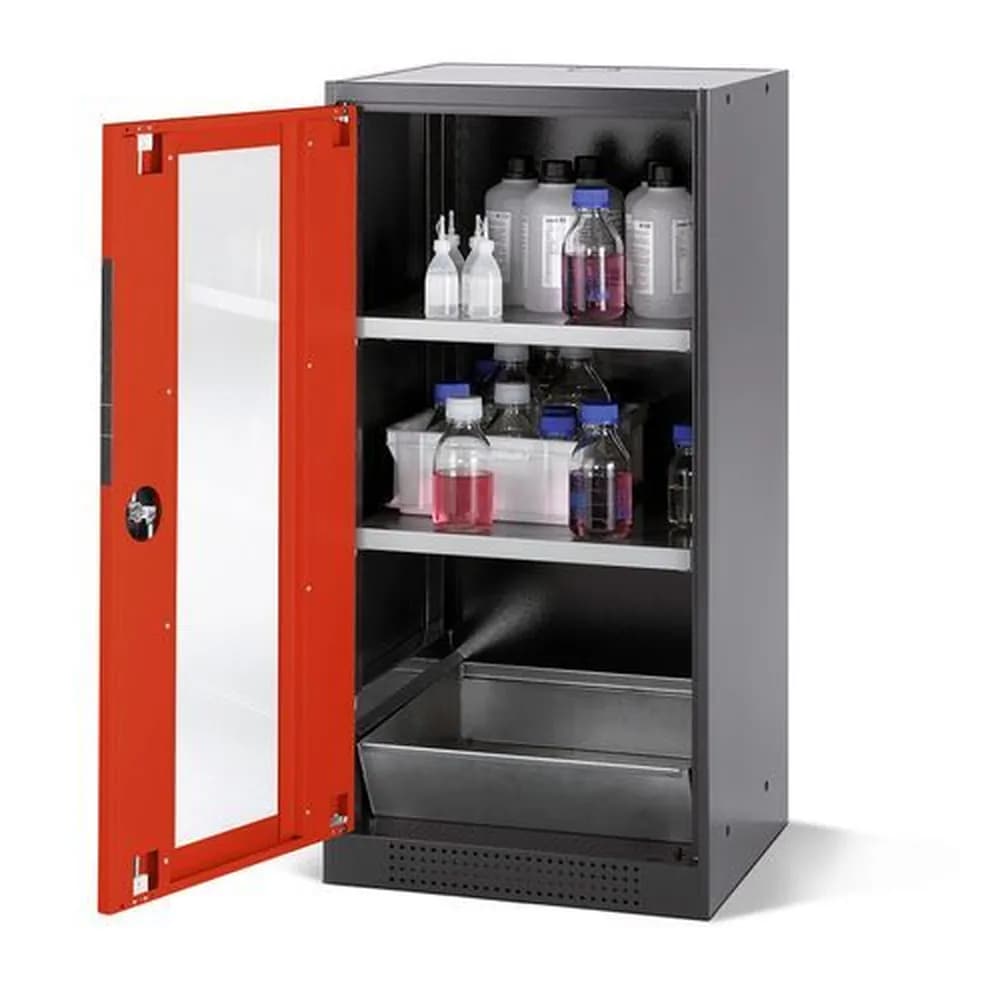 asecos® - asecos Chemikalienschrank Systema CS-52LG, Korpus anthrazit, rot, 2 Einlegeböden und Bodenwanne
