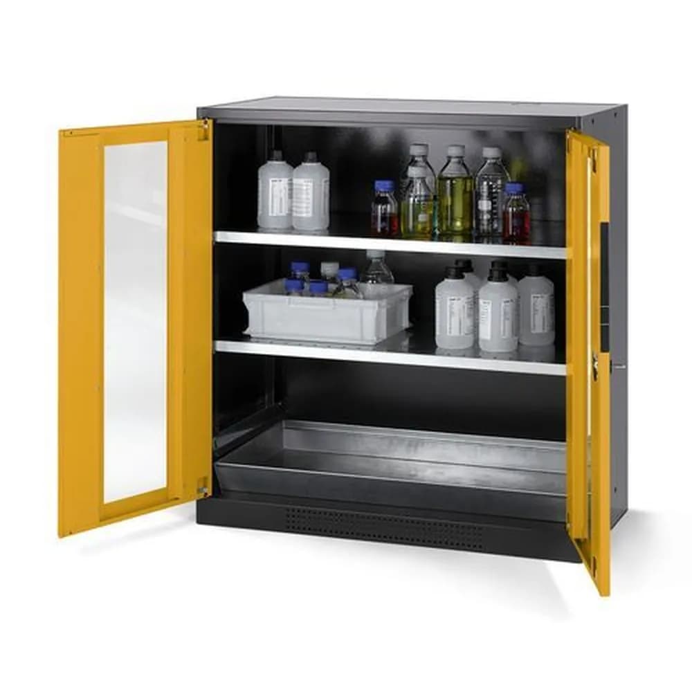 asecos® - asecos Chemikalienschrank Systema CS-102G, Korpus anthrazit, gelb, 2 Einlegeböden und Bodenwanne