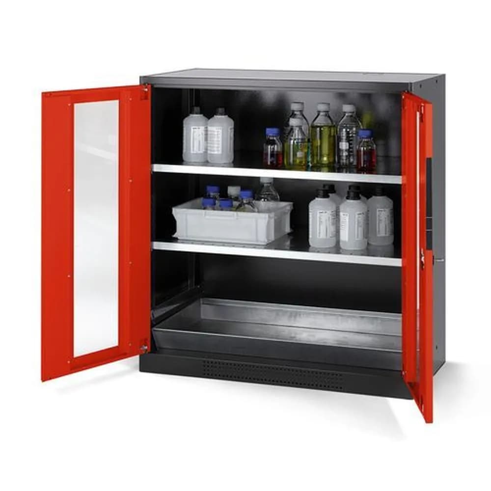 asecos® - asecos Chemikalienschrank Systema CS-102G, Korpus anthrazit, rot, 2 Einlegeböden und Bodenwanne