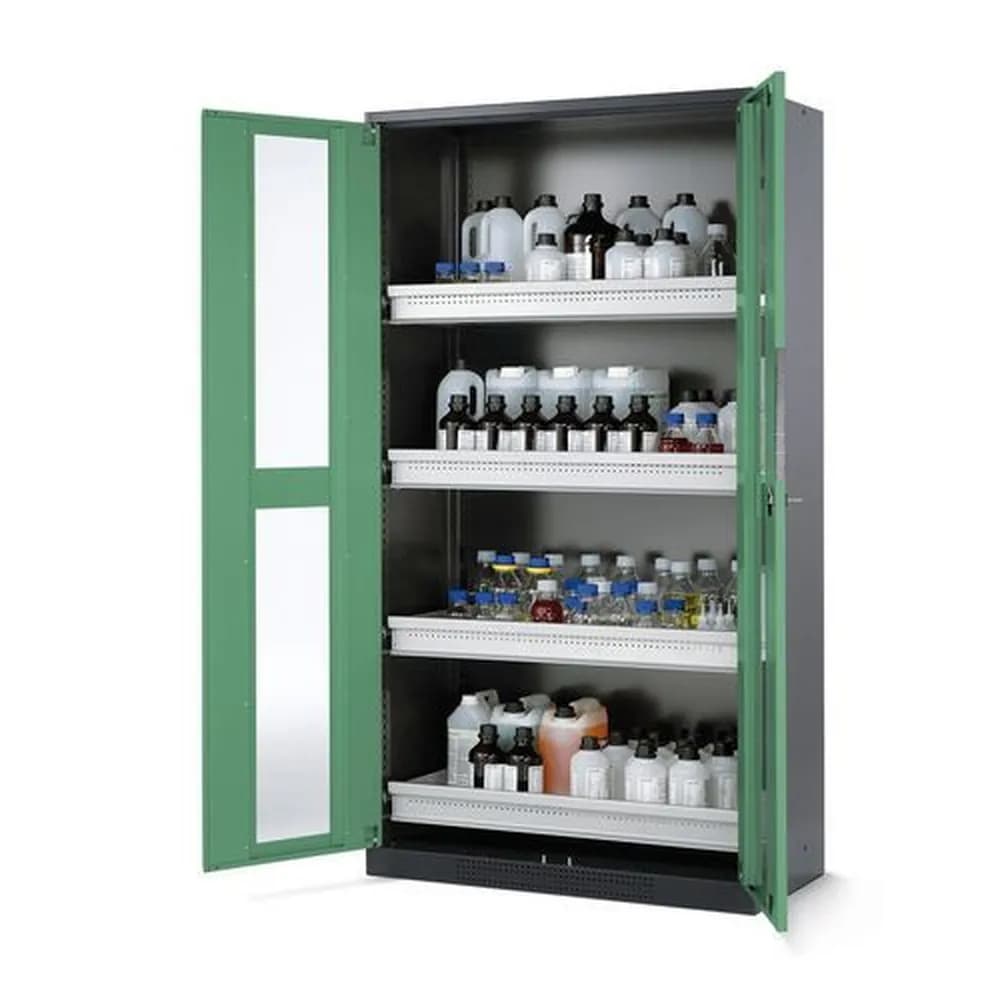 asecos® - asecos Chemikalienschrank Systema-T CS-104G, Korpus anthrazit, Flügeltüren grün, 4 Tablarauszüge