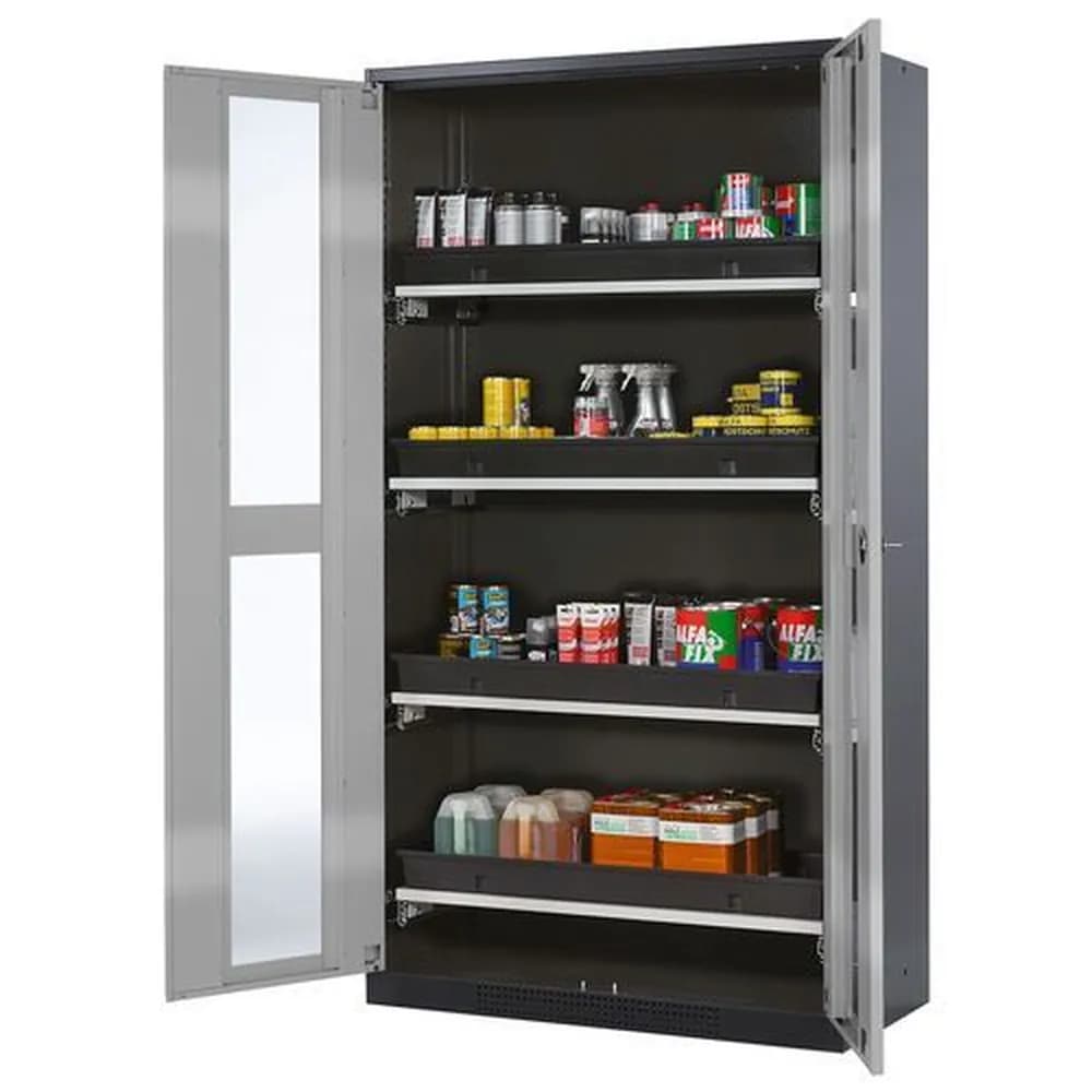 asecos® - asecos Chemikalienschrank Systema-T CS-104G, Korpus anthrazit, Flügeltüren silber, 4 Tablarauszüge