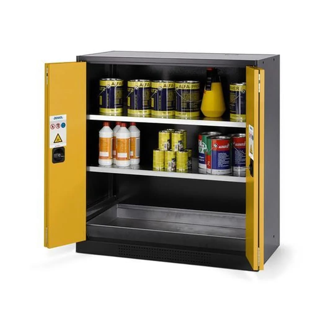 asecos® - asecos Chemikalienschrank Systema CS-102F, Korpus anthrazit, gelb, 2 Einlegeböden und Bodenwanne