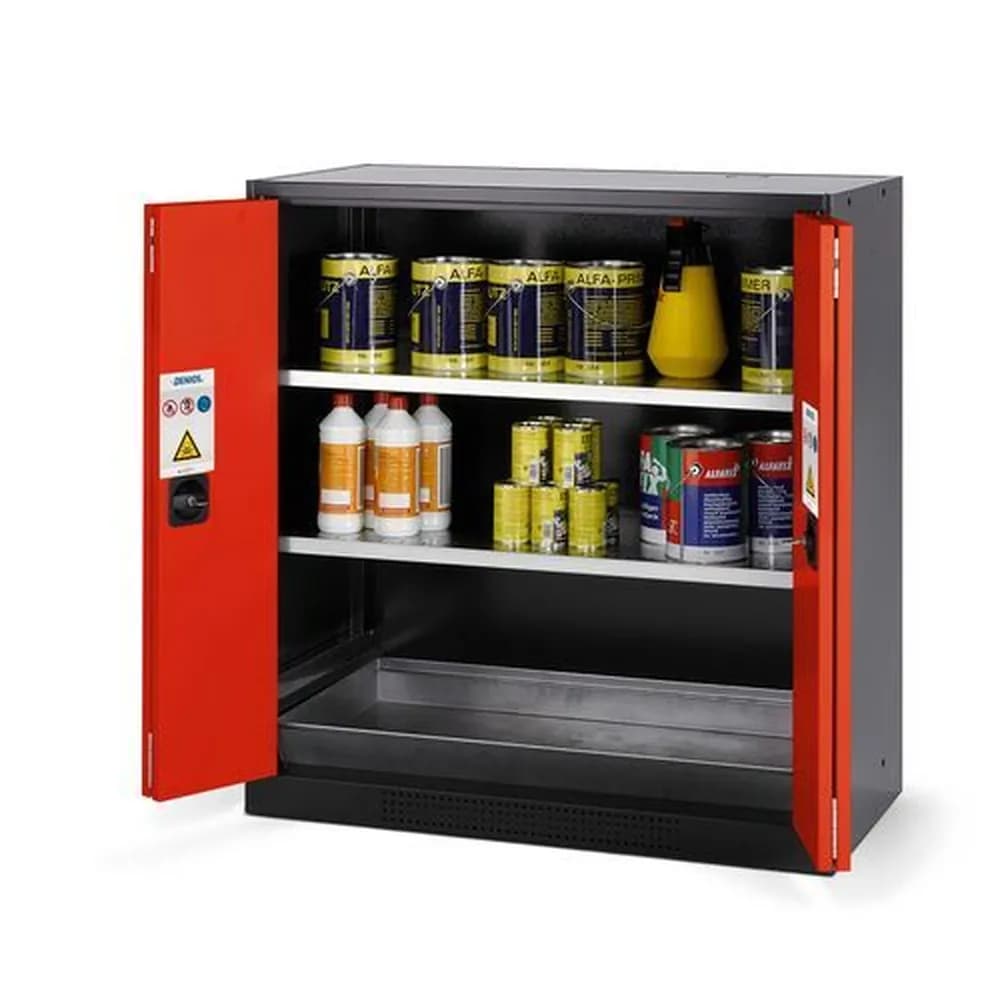 asecos® - asecos Chemikalienschrank Systema CS-102F, Korpus anthrazit, rot, 2 Einlegeböden und Bodenwanne